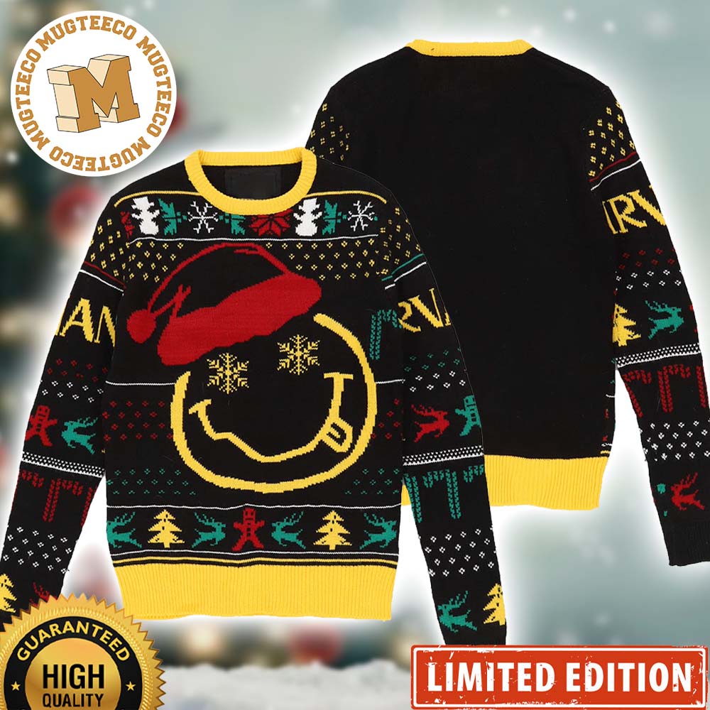 Nirvana Smiley Logo With Santa Hat Official Knitted Ugly Christmas Sweater Nirvana Smiley Logo With Santa Hat Official Knitted Ugly Christmas Sweater