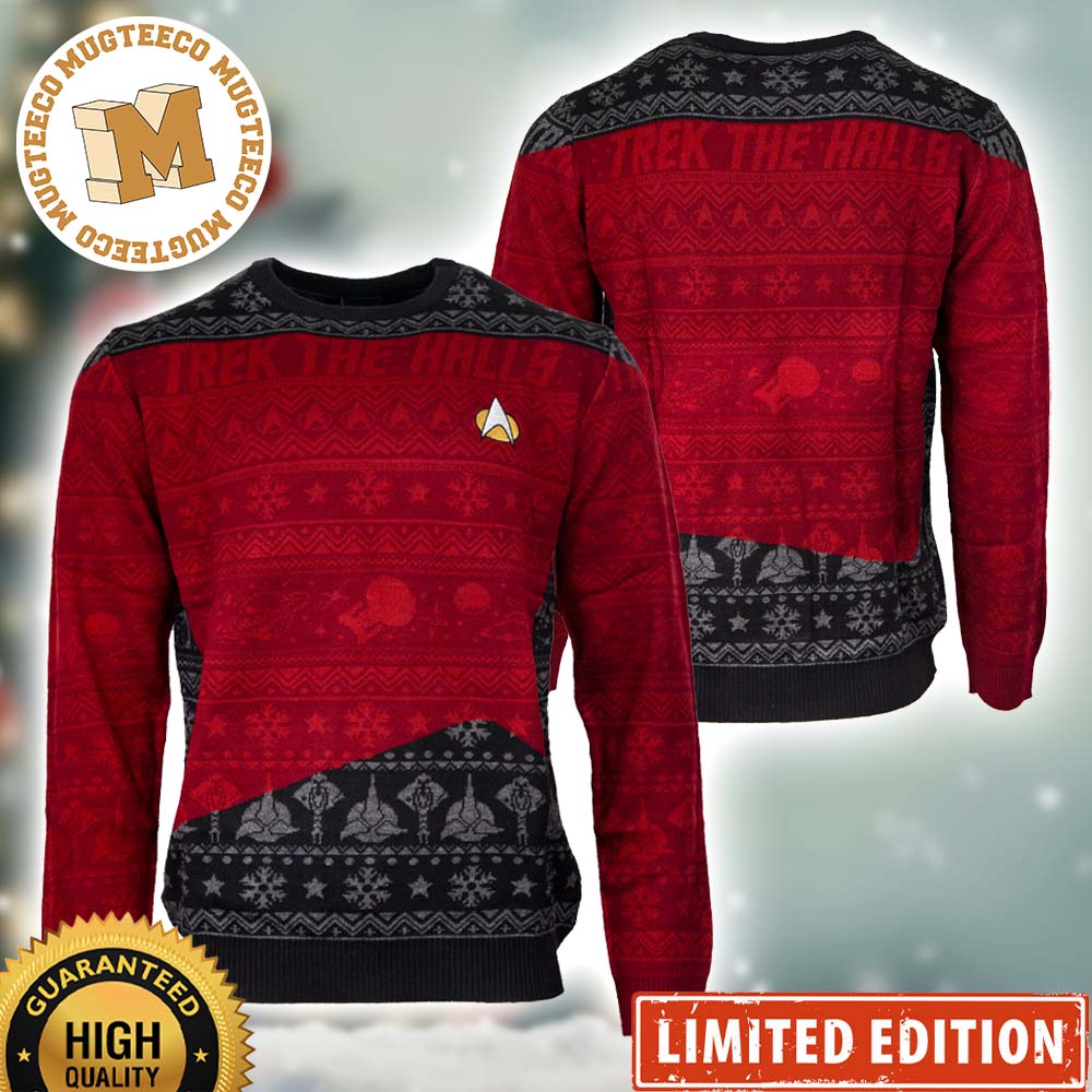 Official Star Trek Trek The Halls Captain Picard Uniform Red Ugly Christmas Sweater Official Star Trek Trek The Halls Captain Picard Uniform Red Ugly Christmas Sweater