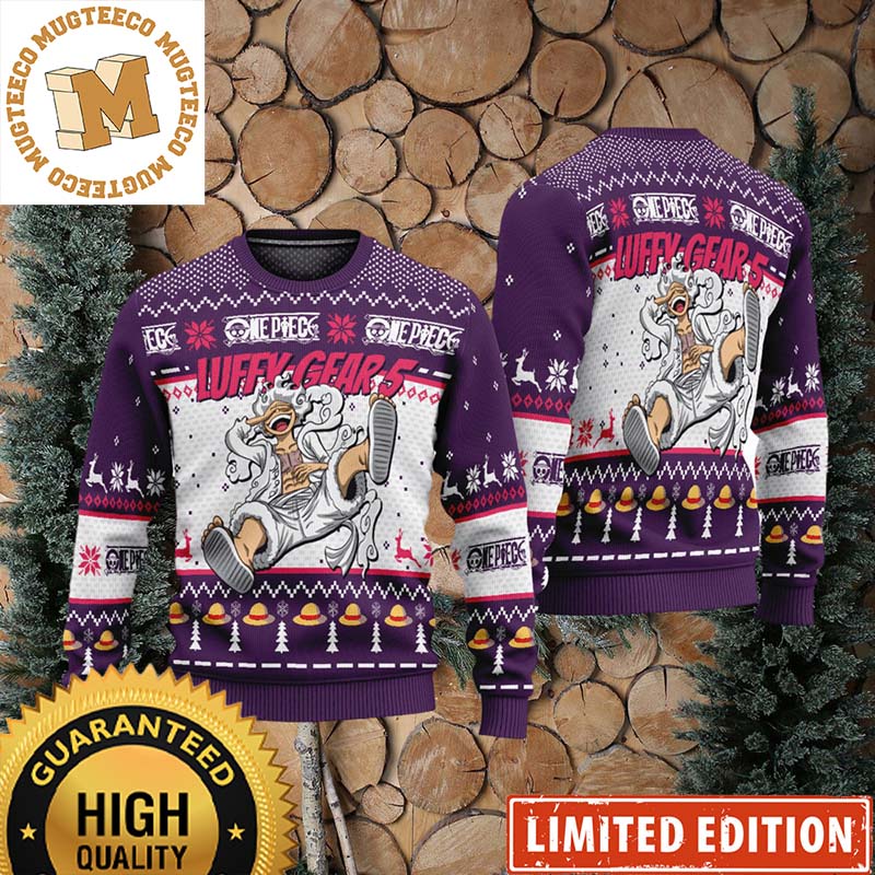 One Piece Luffy Gear 5 Sun God Nika Straw Hat Knitting Purple Ugly Christmas Ugly Sweater One Piece Luffy Gear 5 Sun God Nika Straw Hat Knitting Purple Ugly Christmas Ugly Sweater
