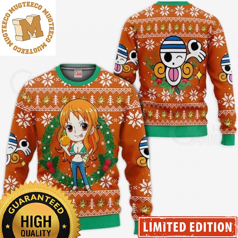 One Piece Nami Christmas Wreath Knitted Orange Ugly Christmas Sweater Anime One Piece Nami Christmas Wreath Knitted Orange Ugly Christmas Sweater Anime