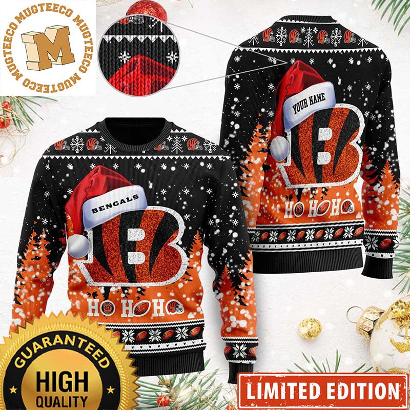 Personalized Cincinnati Bengals Symbol Wearing Santa Claus Hat Ho Ho Ho 3D Ugly Christmas Sweater Personalized Cincinnati Bengals Symbol Wearing Santa Claus Hat Ho Ho Ho 3D Ugly Christmas Sweater
