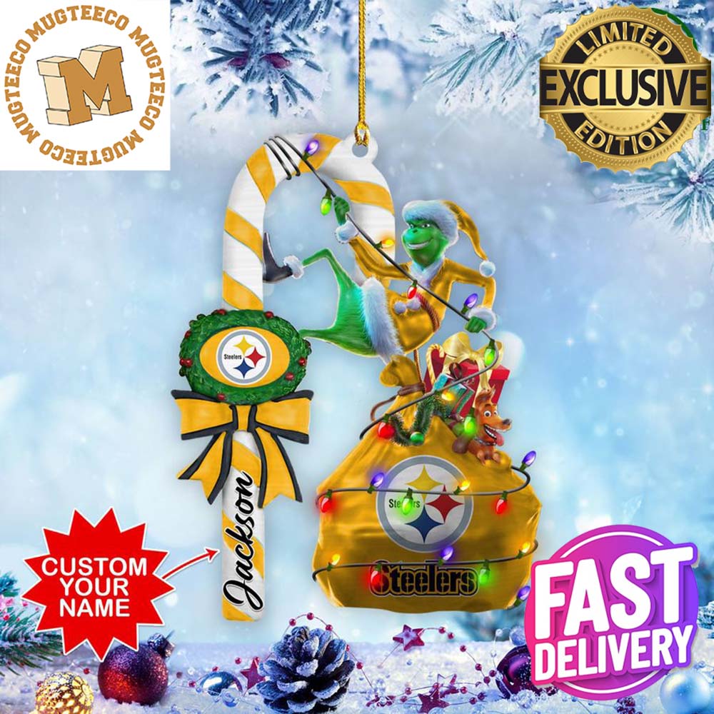 Pittsburgh Steelers NFL Custom Name Grinch Candy Cane 2 Sides Christmas Ornament Pittsburgh Steelers NFL Custom Name Grinch Candy Cane 2 Sides Christmas Ornament