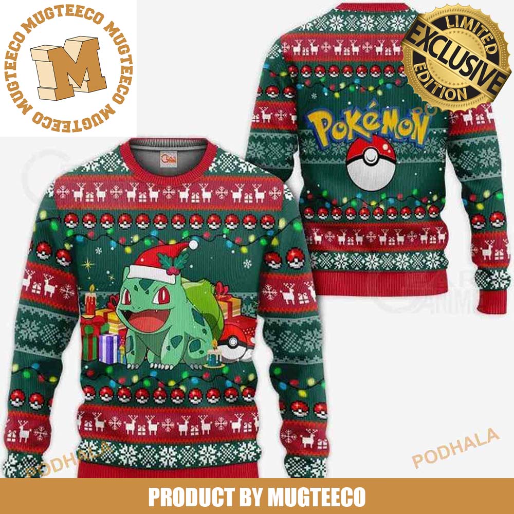 Pokemon Bulbasaur In Santa Costume With Presents Christmas Lights Knitting Red And Green Ugly Christmas Sweater Pokemon Bulbasaur In Santa Costume With Presents Christmas Lights Knitting Red And Green Ugly Christmas Sweater