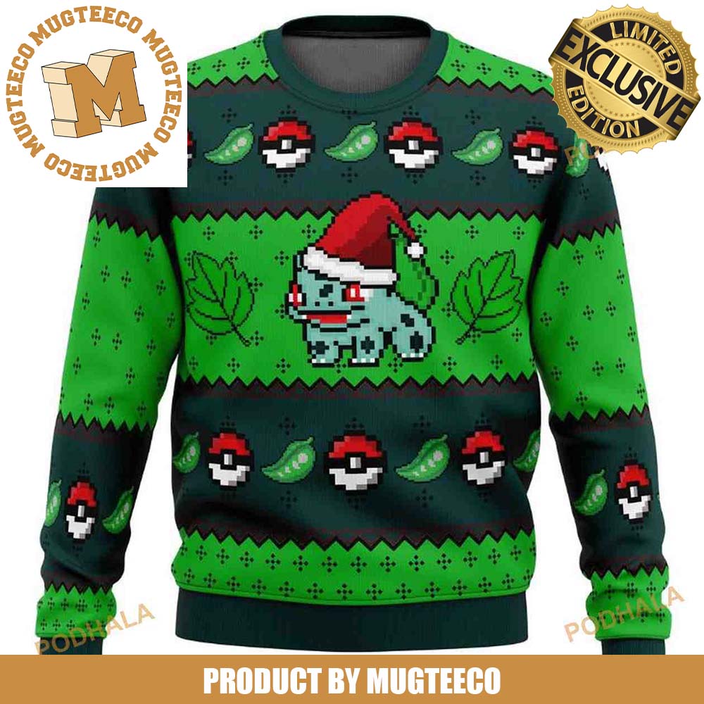 Pokemon Bulbasaur Santa Knitting Green Pokeball Pattern Anime Christmas Ugly Sweater Pokemon Bulbasaur Santa Knitting Green Pokeball Pattern Anime Christmas Ugly Sweater