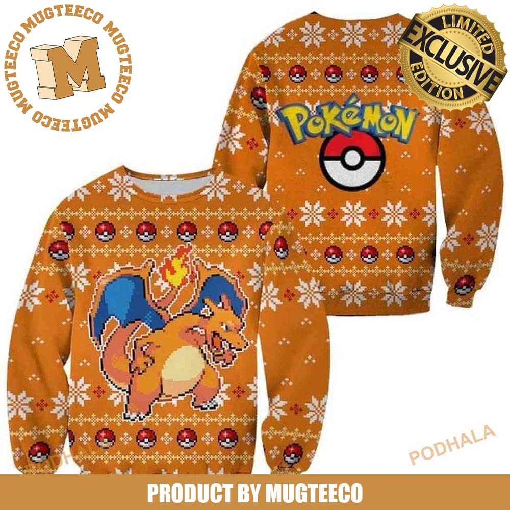 Pokemon Charizard Pixel Video Game Style Knitting Pokeball And Flame Orange Ugly Christmas Sweater Pokemon Charizard Pixel Video Game Style Knitting Pokeball And Flame Orange Ugly Christmas Sweater