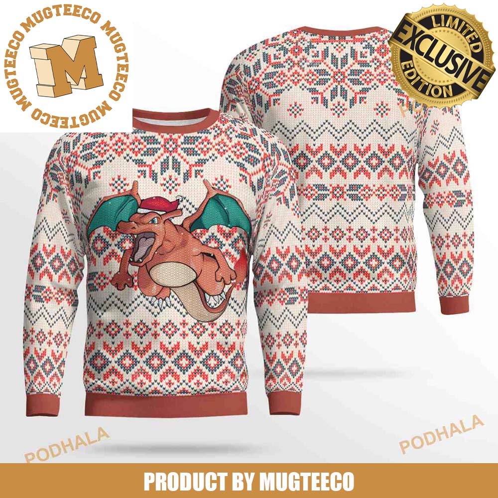 Pokemon Charizard With Santa Hat Flying Knitting Chevron Pattern Ugly Christmas Sweater Pokemon Charizard With Santa Hat Flying Knitting Chevron Pattern Ugly Christmas Sweater