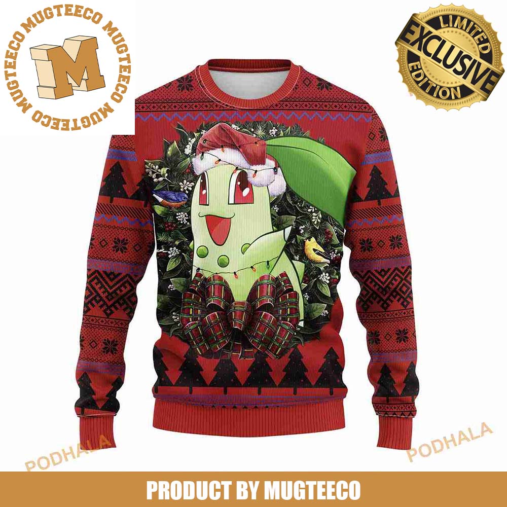 Pokemon Chikorita With Santa Hat And Christmas Wreath Knitting Red Holiday Ugly Sweater 2023 Pokemon Chikorita With Santa Hat And Christmas Wreath Knitting Red Holiday Ugly Sweater 2023