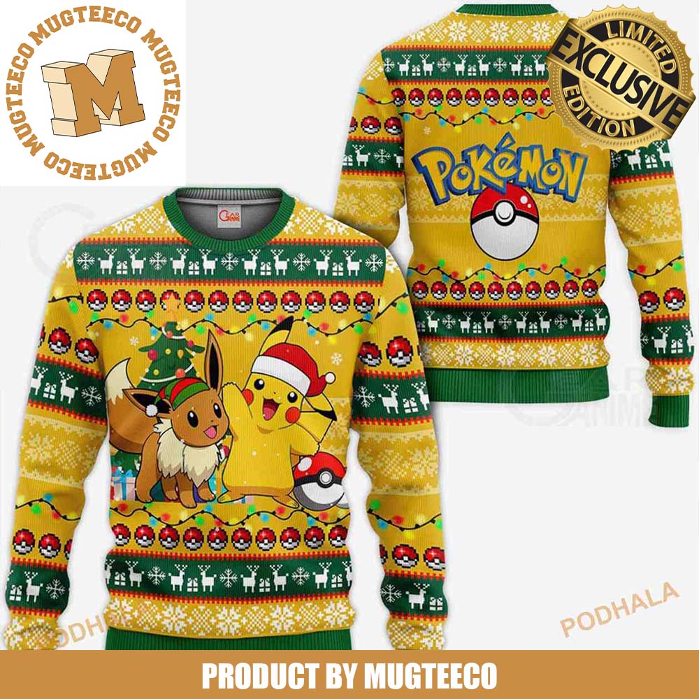 Pokemon Cute Pikachu And Eevee Christmas Night Knitting Holiday Ugly Sweater Pokemon Cute Pikachu And Eevee Christmas Night Knitting Holiday Ugly Sweater