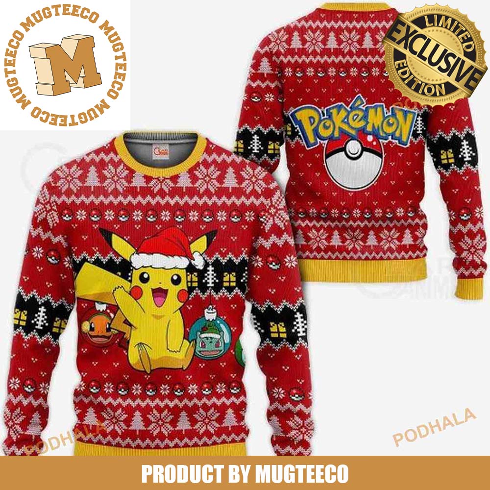 Pokemon Cute Pikachu With Santa Hat Knitting Snowflakes Red Christmas Ugly Sweater Pokemon Cute Pikachu With Santa Hat Knitting Snowflakes Red Christmas Ugly Sweater