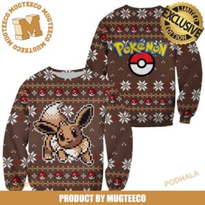 Pokemon Eevee Cute Pixel Video Games Style Knitting Brown Xmas Ugly Christmas Sweater