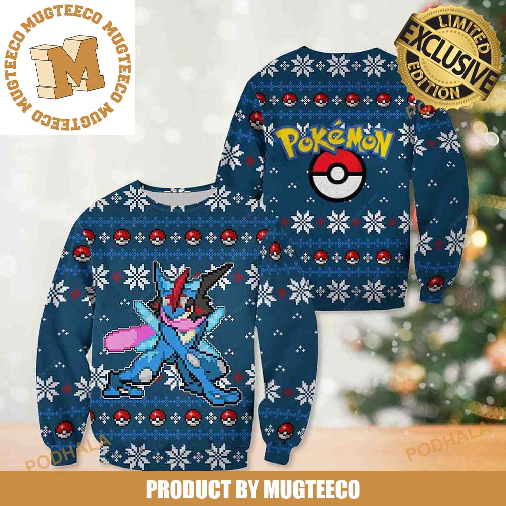 Pokemon Greninja Knitting Pokeball And Snowflakes Blue Christmas Ugly Sweater Pokemon Greninja Knitting Pokeball And Snowflakes Blue Christmas Ugly Sweater