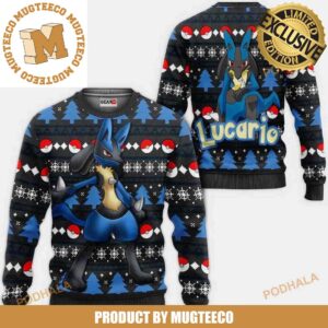 Pokemon Lucario Anime Knitting Pokeball And Snowflakes Christmas Ugly Sweater