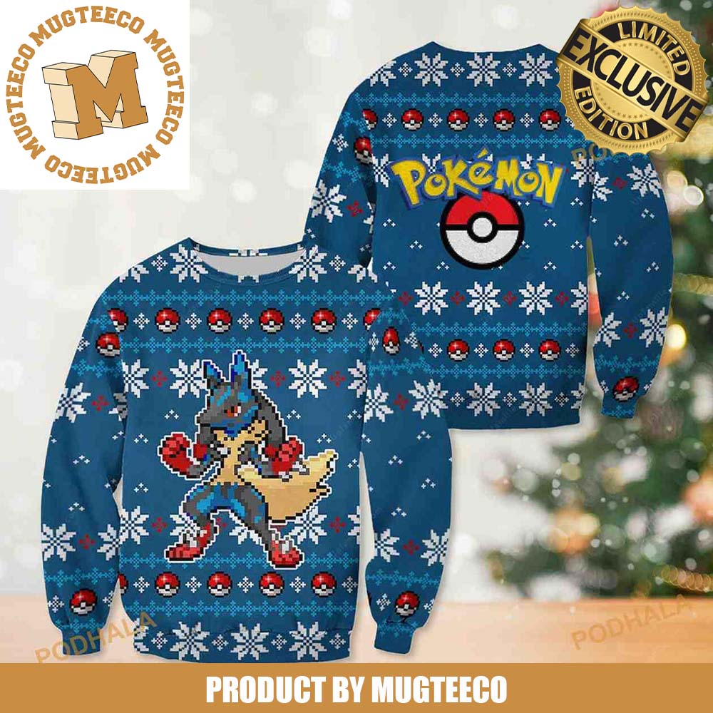 Pokemon Lucario Pixel Video Games Style Anime Manga Knitting Blue Christmas Ugly Sweater Pokemon Lucario Pixel Video Games Style Anime Manga Knitting Blue Christmas Ugly Sweater