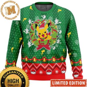 Pokemon Pikachu Cute Christmas Wreath Knitting Green And Red Ugly Christmas Sweater
