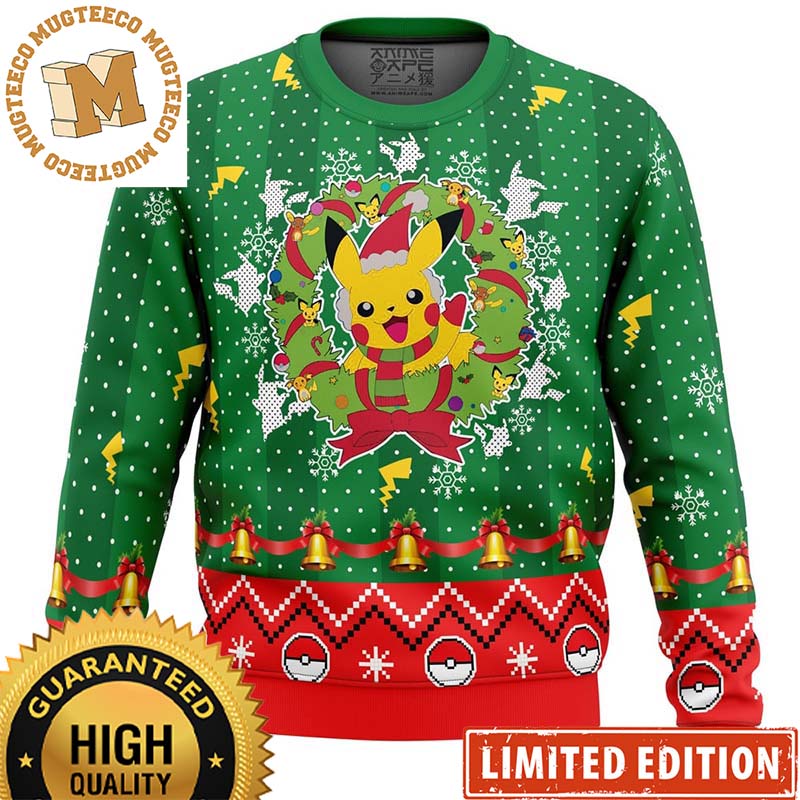 Pokemon Pikachu Cute Christmas Wreath Knitting Green And Red Ugly Christmas Sweater Pokemon Pikachu Cute Christmas Wreath Knitting Green And Red Ugly Christmas Sweater