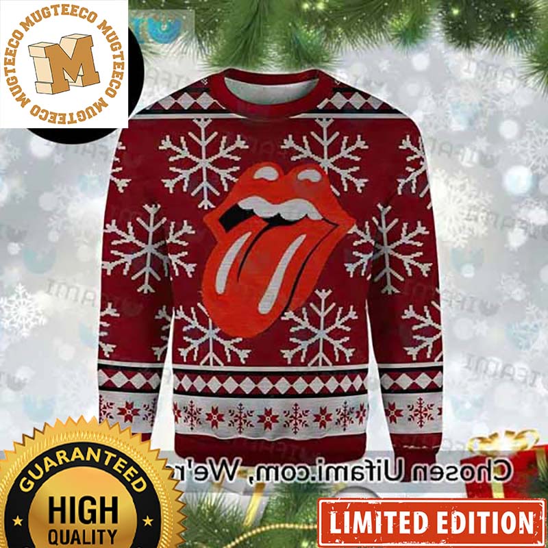 Rolling Stone Signature Snowflakes Pattern Red And White Ugly Christmas Sweater Rolling Stone Signature Snowflakes Pattern Red And White Ugly Christmas Sweater