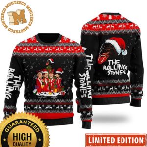 Rolling Stones Band Caricatures And Santa Monkey Christmas Ugly Sweater 2023