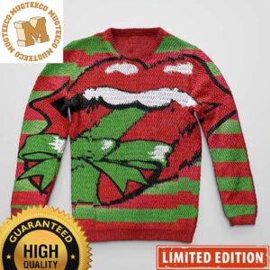 Rolling Stones Gift Tongue Red And Green Stripes Ugly Christmas Sweater