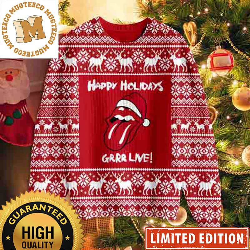 Rolling Stones Happy Holidays Reindeer Red Ugly Christmas Sweater Rolling Stones Happy Holidays Reindeer Red Ugly Christmas Sweater