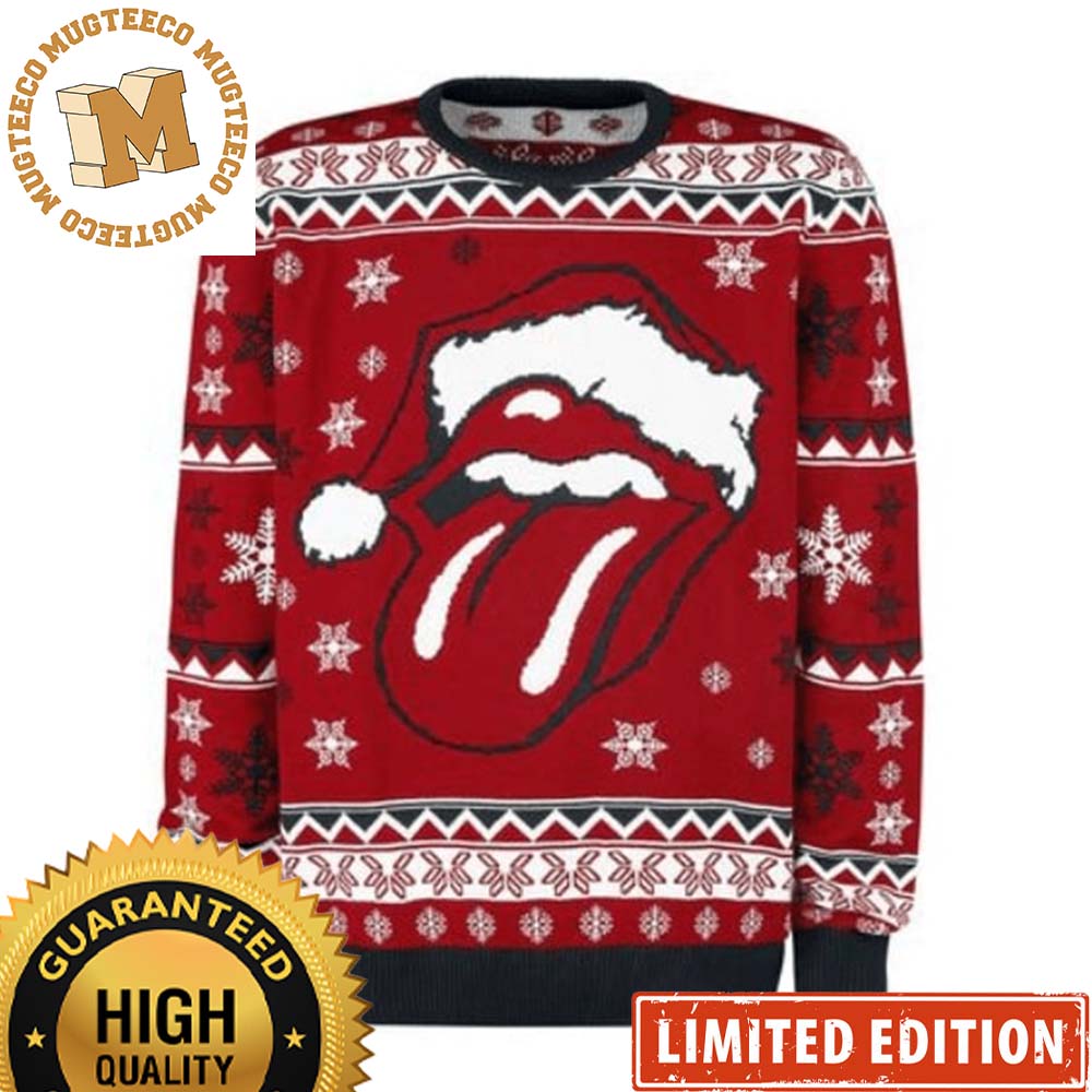 Rolling Stones Santa Tongue Snowy Red Ugly Christmas Sweater Rolling Stones Santa Tongue Snowy Red Ugly Christmas Sweater