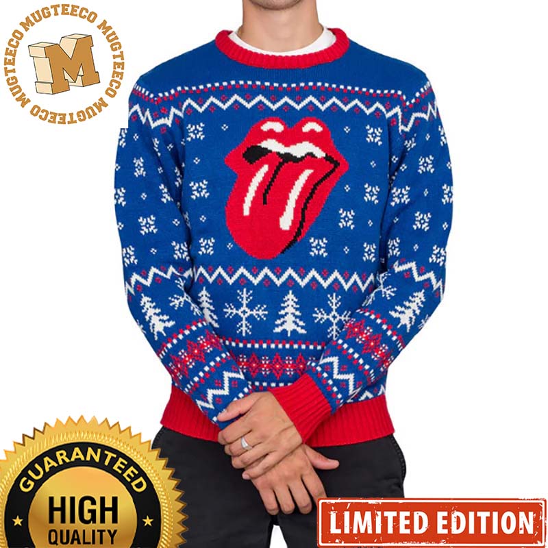Rolling Stones Signature Tongue Holiday Blue And Red Ugly Christmas Sweater 2023 Rolling Stones Signature Tongue Holiday Blue And Red Ugly Christmas Sweater 2023
