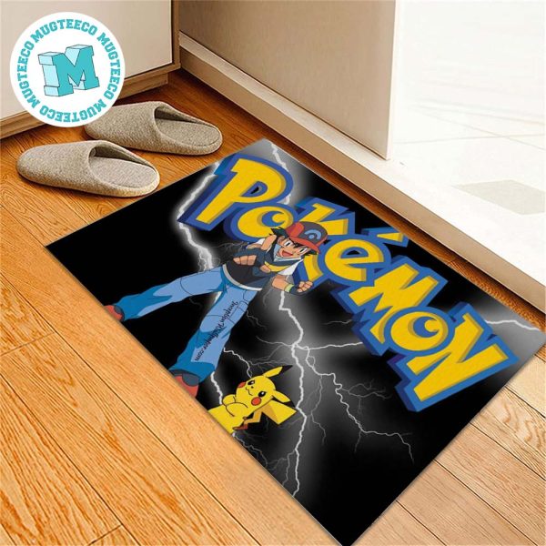 Satoshi And Pikachu Thunder Background With Big Logo Pokemon For House Decor Doormat Satoshi And Pikachu Thunder Background With Big Logo Pokemon For House Decor Doormat
