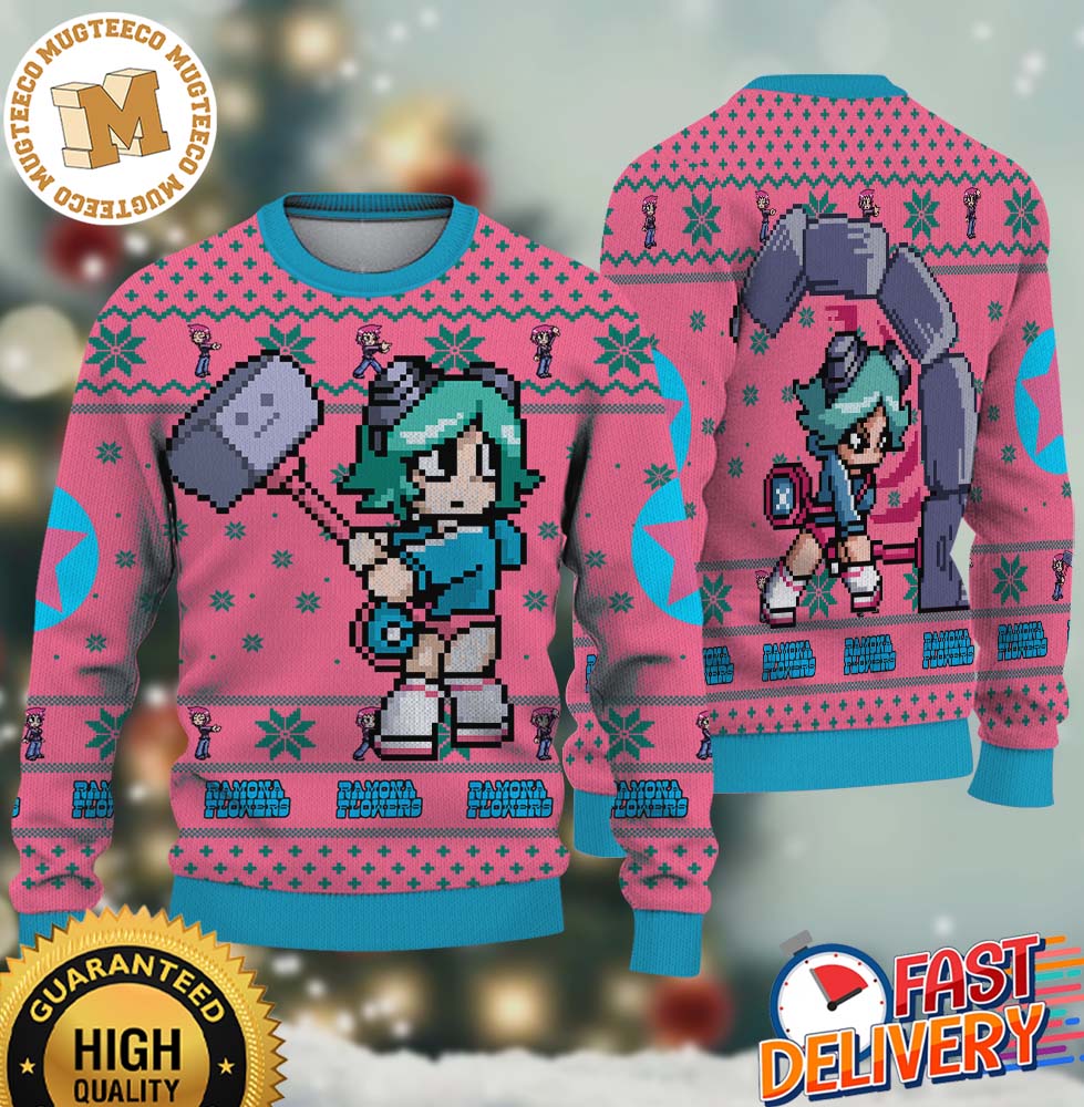 Scott Pilgrim Vs The World Ramona Flowers Large Hammer Sprite Ugly Christmas Sweater Gift For Holiday Scott Pilgrim Vs The World Ramona Flowers Large Hammer Sprite Ugly Christmas Sweater Gift For Holiday