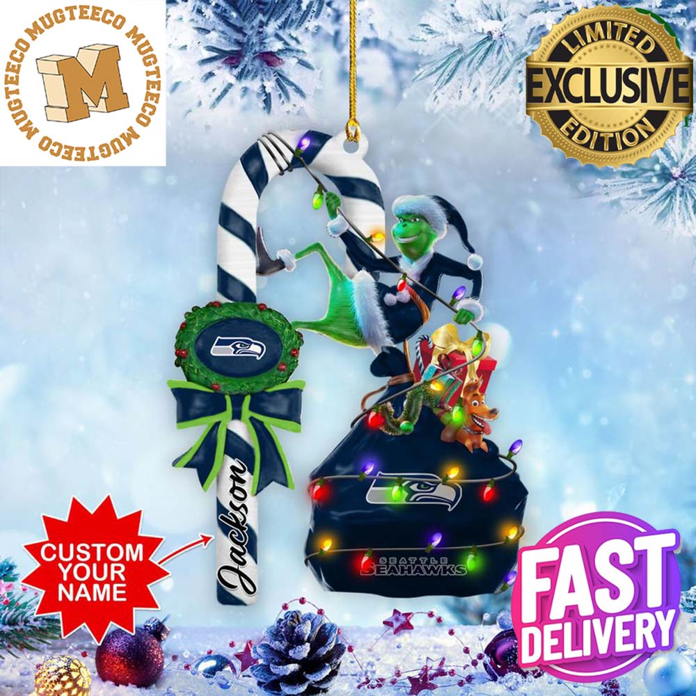 Seattle Seahawks NFL Custom Name Grinch Candy Cane 2 Sides Christmas Tree Decorations Ornament Seattle Seahawks NFL Custom Name Grinch Candy Cane 2 Sides Christmas Tree Decorations Ornament