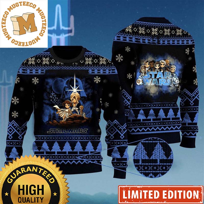 Star Wars Cartoon Signature Characters Black And Blue Knitting Pine Tree And Snowflakes Christmas Ugly Sweater Star Wars Cartoon Signature Characters Black And Blue Knitting Pine Tree And Snowflakes Christmas Ugly Sweater