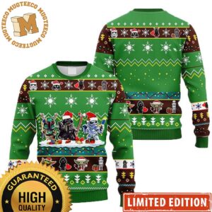 Star Wars Cute Chibi Characters Snowflakes Knitting Pattern Green Christmas Ugly Sweater