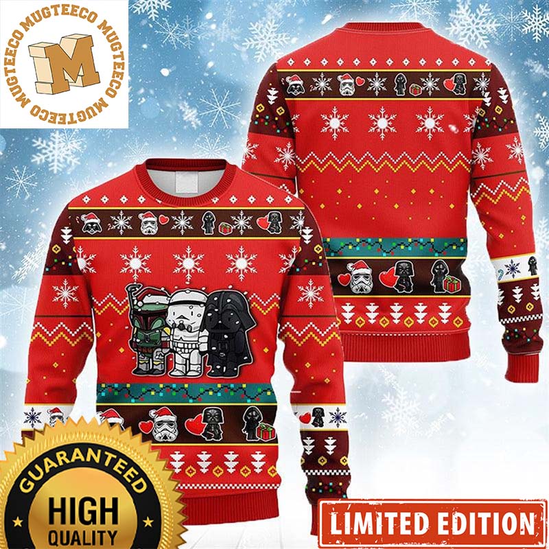 Star Wars Darth Vader Boba Fett And Stormtrooper Funny Posing Lined Up With Santa Hats Snowflakes Knitting Red Holiday Ugly Sweater Star Wars Darth Vader Boba Fett And Stormtrooper Funny Posing Lined Up With Santa Hats Snowflakes Knitting Red Holiday Ugly Sweater