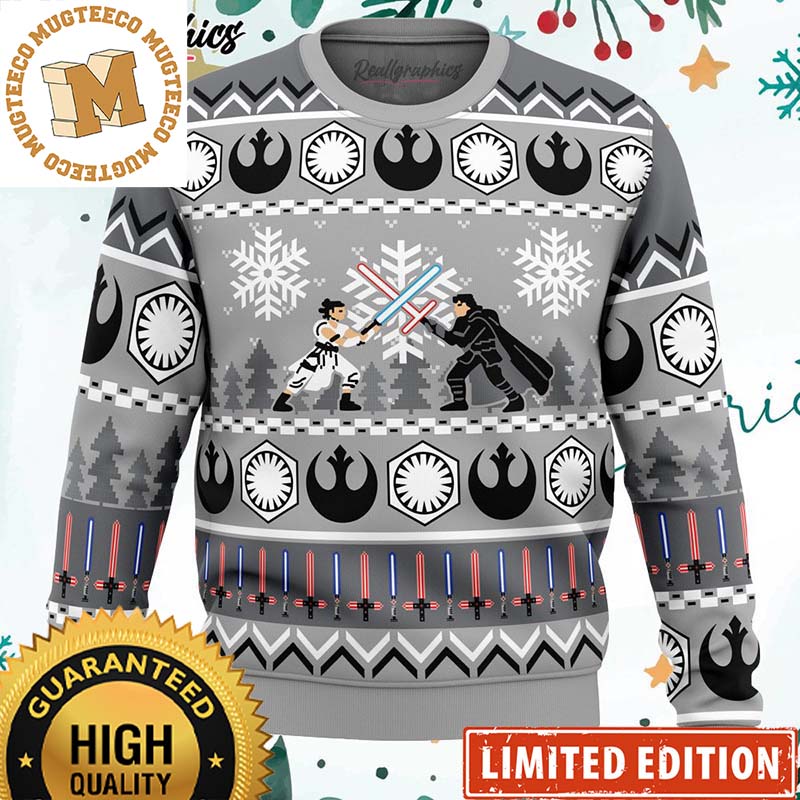 Star Wars The Force Awaken Rey Vs Kylo Ren Scene Knitting Grey Christmas Ugly Sweater Star Wars The Force Awaken Rey Vs Kylo Ren Scene Knitting Grey Christmas Ugly Sweater