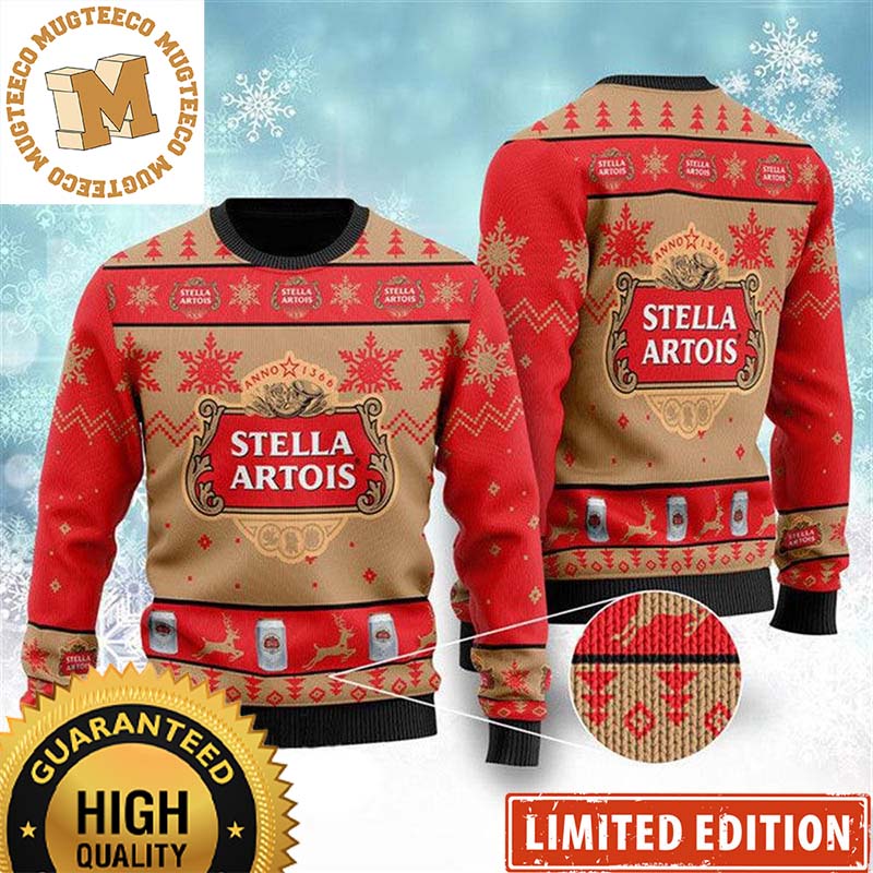 Stella Artois Logo Snowflakes Knitting Red And Brown Christmas Ugly Sweater Stella Artois Logo Snowflakes Knitting Red And Brown Christmas Ugly Sweater