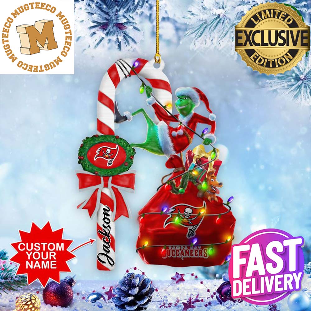 Tampa Bay Buccaneers NFL Custom Name Grinch Candy Cane 2 Sides Christmas Tree Decorations Ornament Tampa Bay Buccaneers NFL Custom Name Grinch Candy Cane 2 Sides Christmas Tree Decorations Ornament