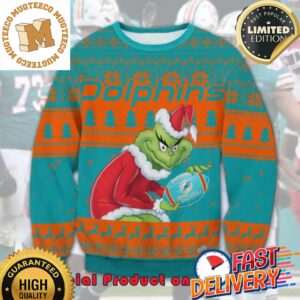 The Grinch x Miami Dolphins NFL Santa Hat Ugly Christmas Sweater For Holiday 2023 Xmas Gifts