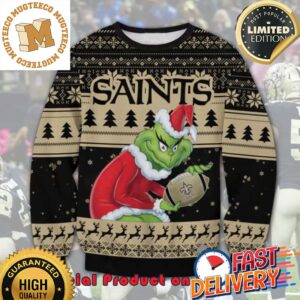 The Grinch x New Orleans Saints NFL Santa Hat Ugly Christmas Sweater For Holiday 2023 Xmas Gifts