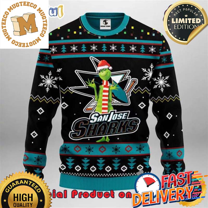 The Grinch x San Jose Sharks NHL Santa Hat Ugly Christmas Sweater For Holiday 2023 Xmas Gifts The Grinch x San Jose Sharks NHL Santa Hat Ugly Christmas Sweater For Holiday 2023 Xmas Gifts