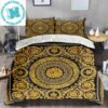 Versace Barocco Print And Greca Border Yellow Pattern In Black Background Bedding Set King Size Versace Barocco Print And Greca Border Yellow Pattern In Black Background Bedding Set King Size