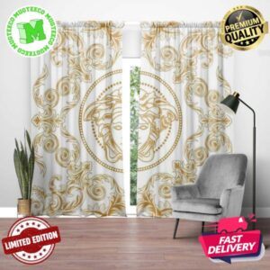 Versace Basic Golden And White Signature Logo With Greca And Baroque Pattern In White Theme Window Curtain