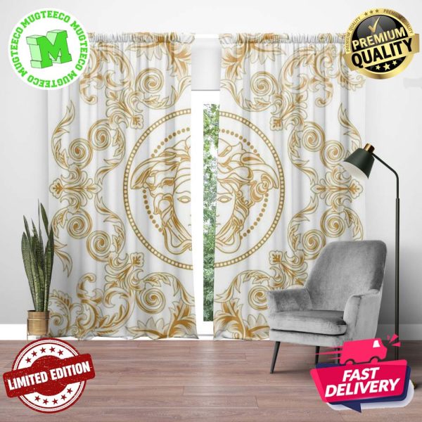 Versace Basic Golden And White Signature Logo With Greca And Baroque Pattern In White Theme Window Curtain Versace Basic Golden And White Signature Logo With Greca And Baroque Pattern In White Theme Window Curtain