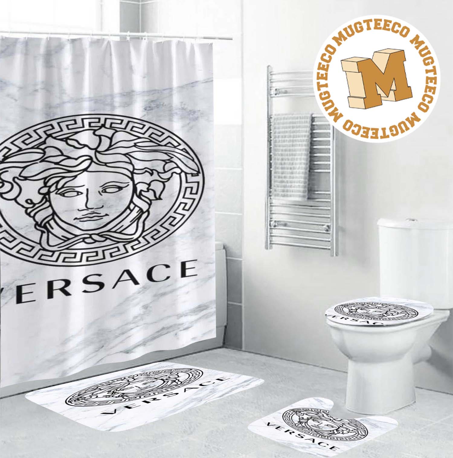Versace Big Basic Black Medusa In Limestone Background Bathroom Shower Curtain Set Versace Big Basic Black Medusa In Limestone Background Bathroom Shower Curtain Set