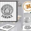 Versace Big Basic Pink Logo In Blue Background With Greca Border Bathroom Shower Curtain Set