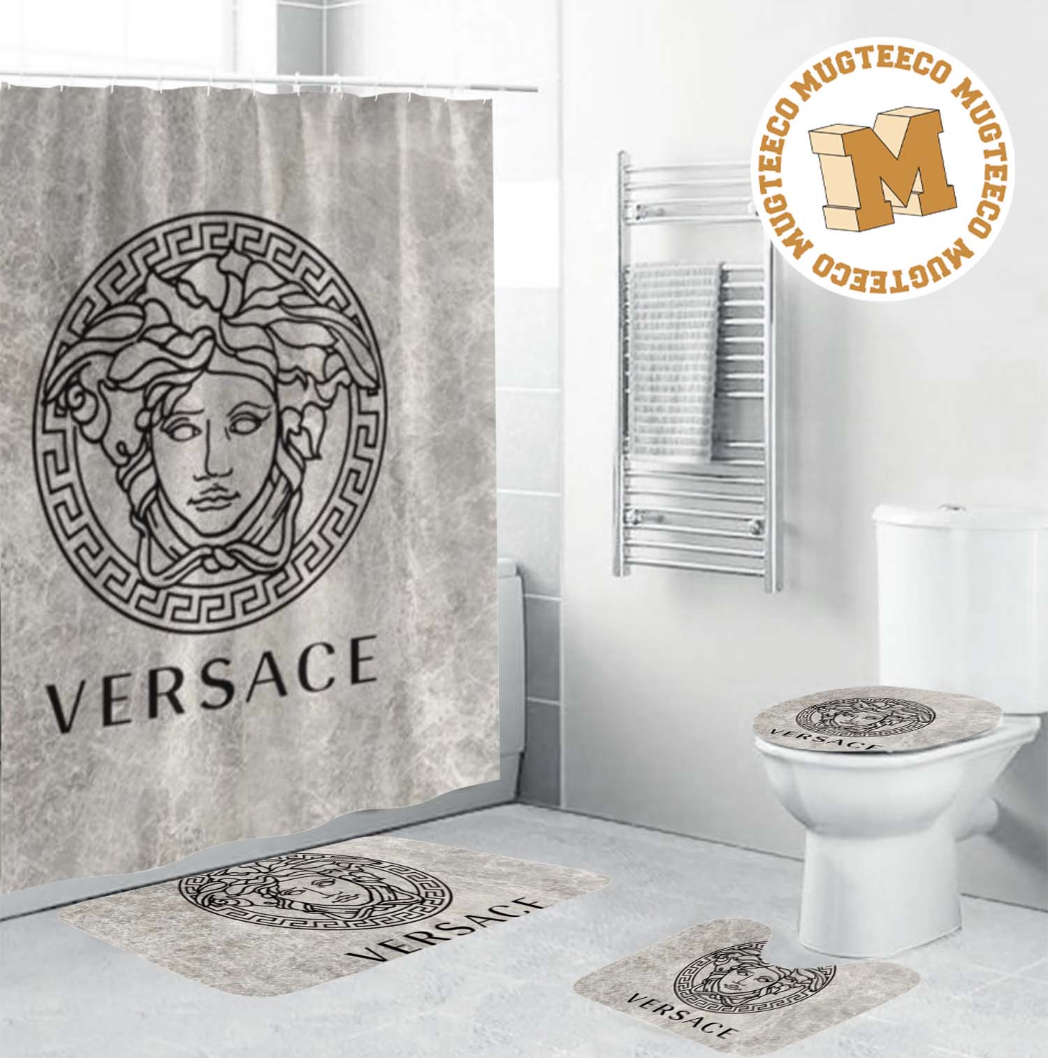 Versace Big Black Basic Signature In Grey Theme Bathroom Shower Curtain Set Versace Big Black Basic Signature In Grey Theme Bathroom Shower Curtain Set