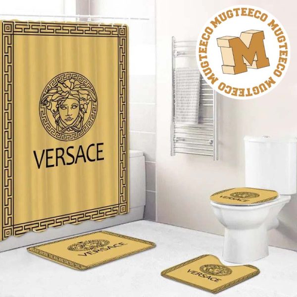 Versace Big Black Logo And Greca Pattern In Golden Background Bathroom Accessories Set Versace Big Black Logo And Greca Pattern In Golden Background Bathroom Accessories Set