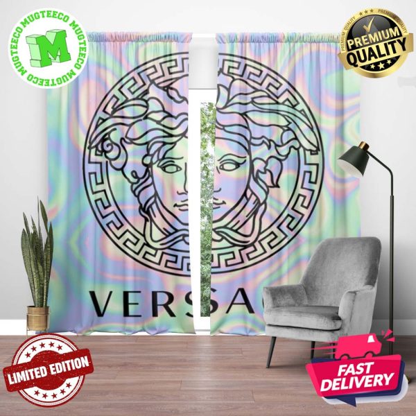 Versace Big Black Signature Logo In Iridescent Soap Bubble Colorful Background Window Curtain Versace Big Black Signature Logo In Iridescent Soap Bubble Colorful Background Window Curtain