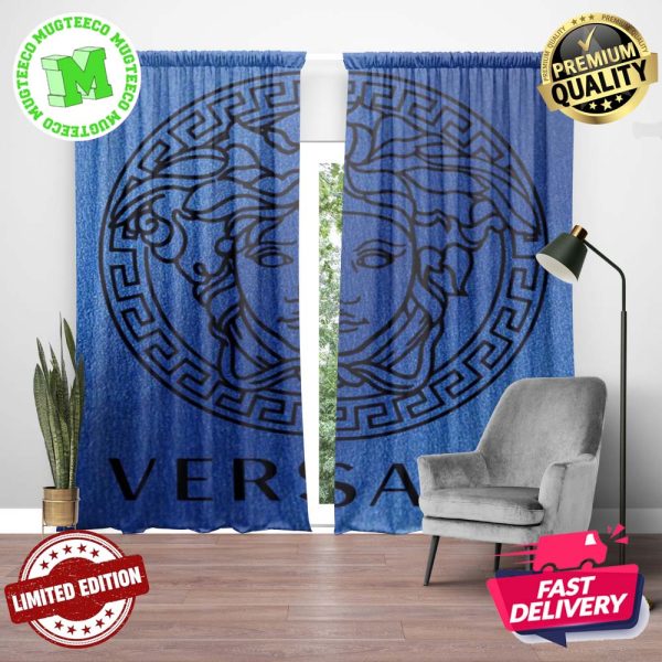 Versace Big Black Signature Logo In Navy Blue Background Window Curtain Versace Big Black Signature Logo In Navy Blue Background Window Curtain