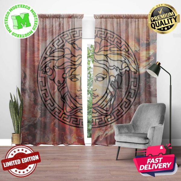 Versace Big Black Signature Logo In Red Smoke Background Window Curtain Versace Big Black Signature Logo In Red Smoke Background Window Curtain