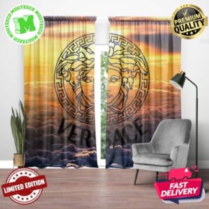 Versace Big Black Signature Logo In Sunset Sky Background Window Curtain