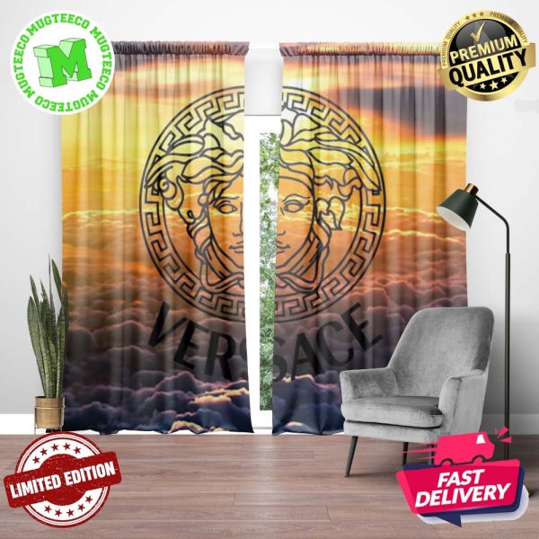 Versace Big Black Signature Logo In Sunset Sky Background Window Curtain Versace Big Black Signature Logo In Sunset Sky Background Window Curtain