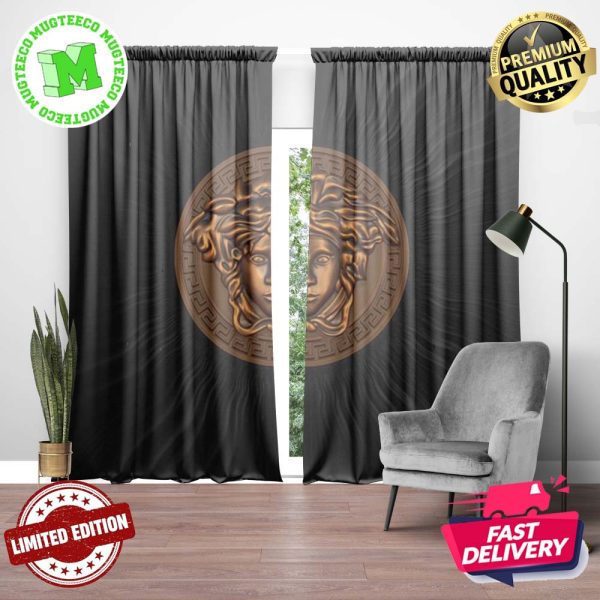 Versace Big Bronze Signature Medusa Statue With Greca Border In Dark Mystic Theme Window Curtain Versace Big Bronze Signature Medusa Statue With Greca Border In Dark Mystic Theme Window Curtain